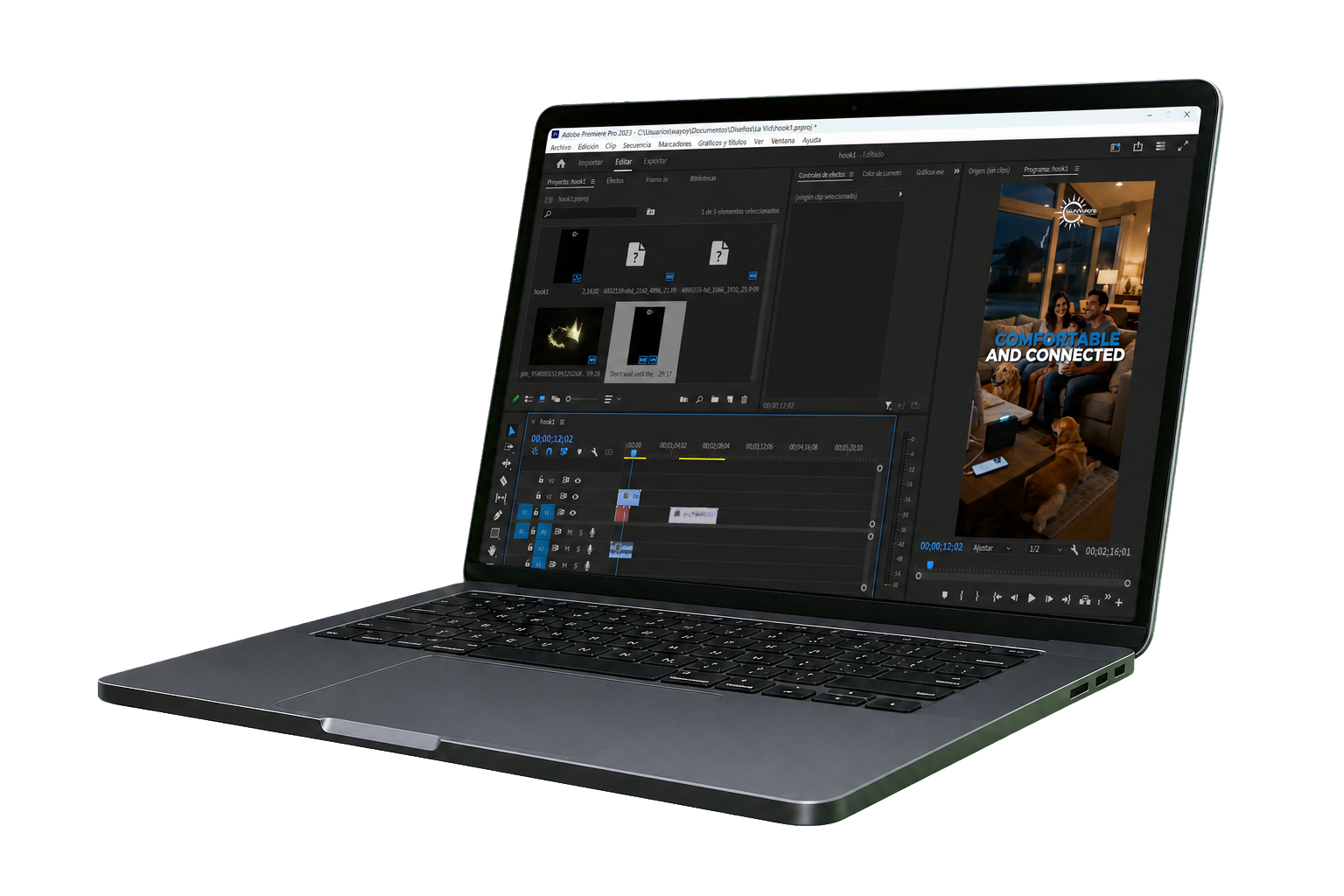 Laptop con Adobe Premiere Pro en pantalla